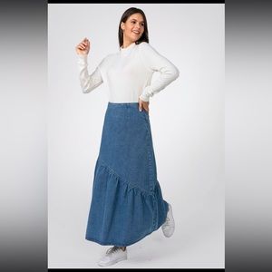 Sara Asymmetric Layers Tiered Denim Organic Cotton Maxi A-Line Boho Skirt